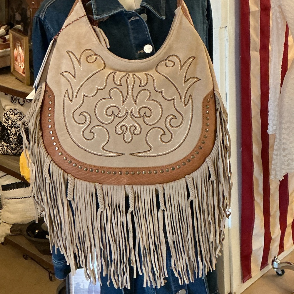 Fringed Tan and Cream Women's leather Bag
